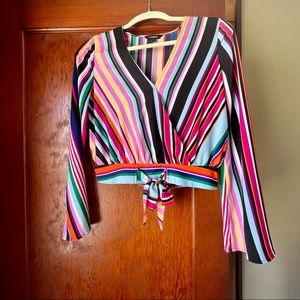 Express Striped Surplice Bell Sleeve Top XS